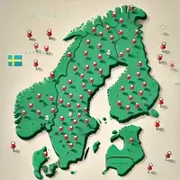 En realistisk klättervägg inomhus med olika färgglada grepp och vägar. Väggen har två sektioner - en lätt sida med större grepp och en mjukare